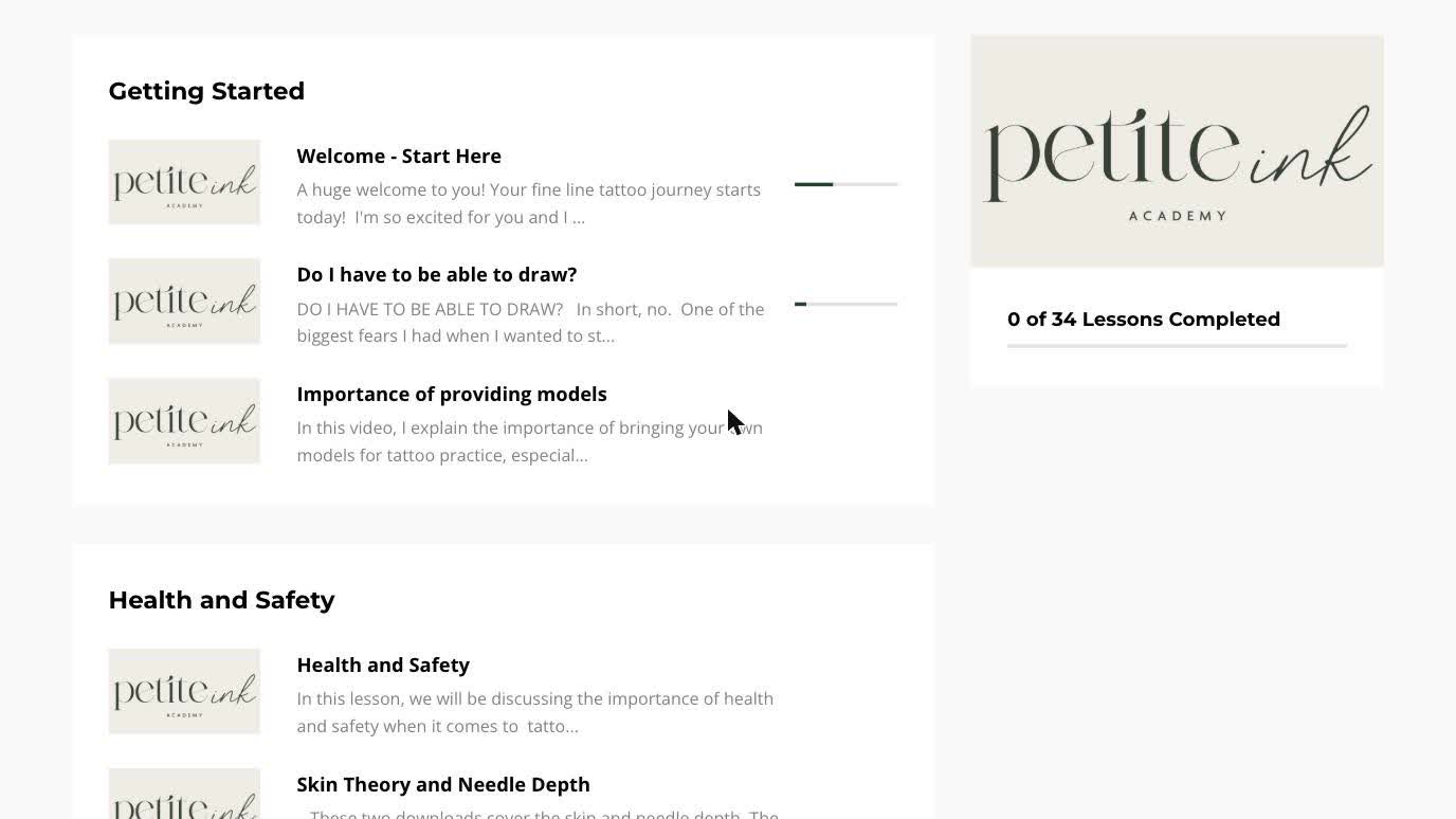 The course dashboard inside the portal: module list with progress tracking