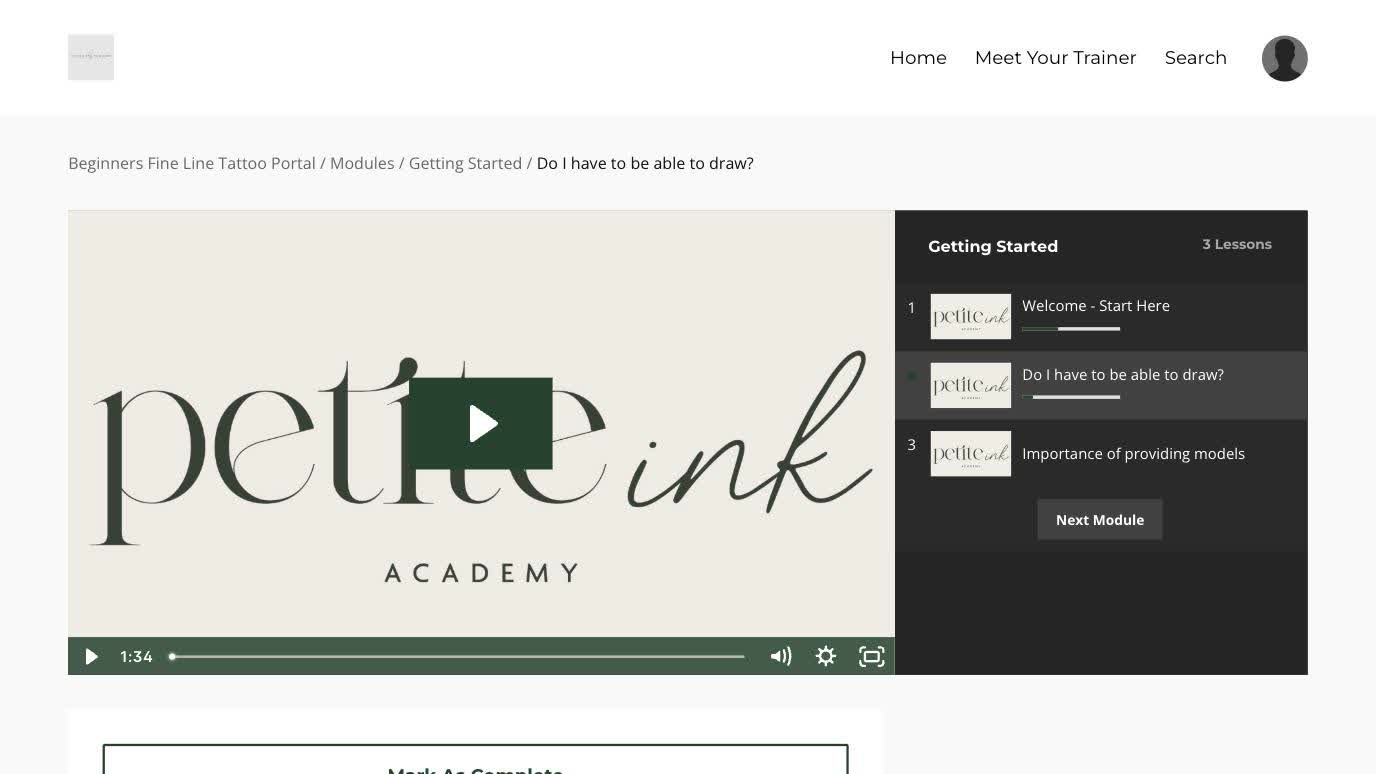 A lesson page inside the portal: video player with the lesson list alongside