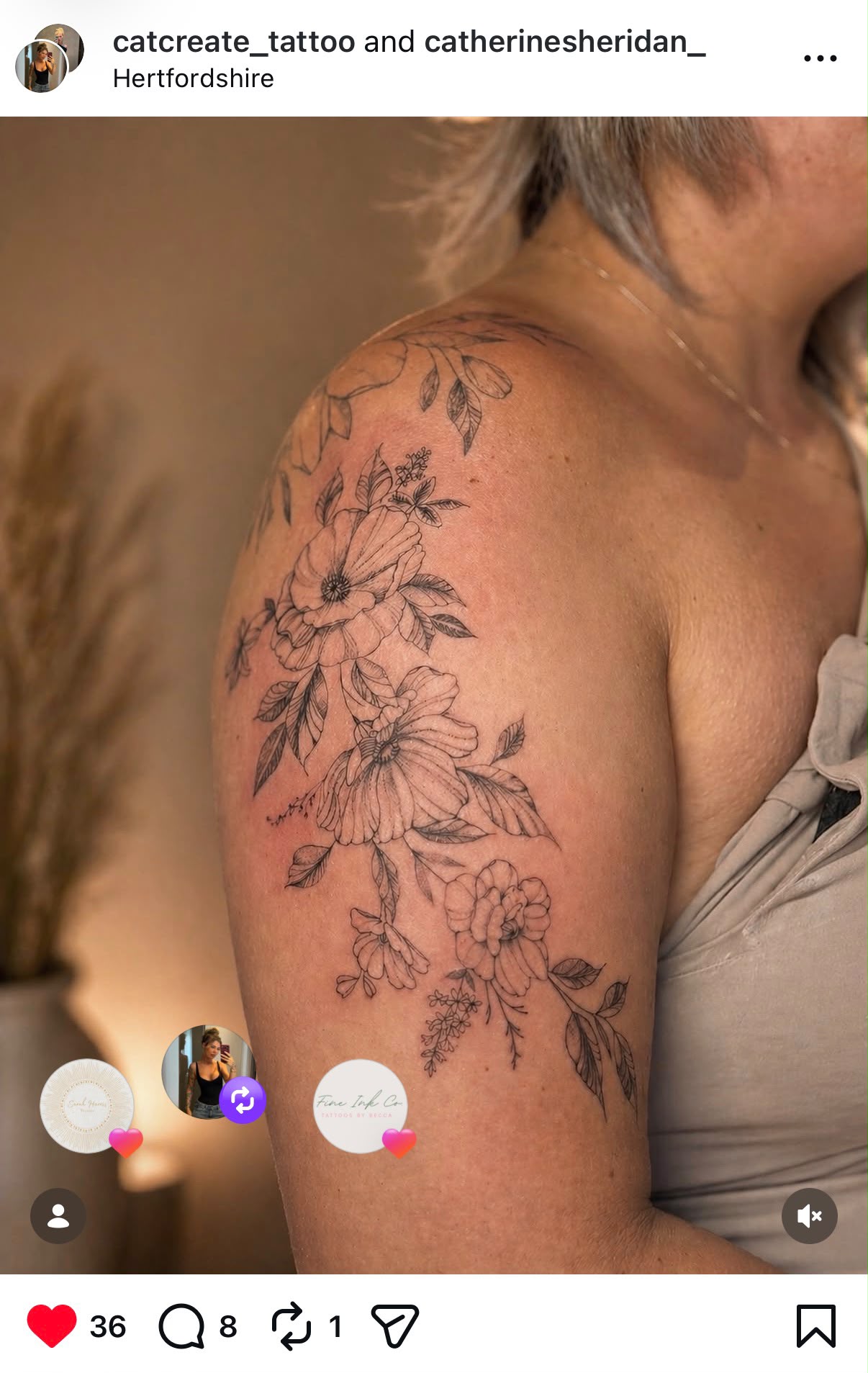 Instagram post by @catcreate_tattoo: a fine line floral shoulder piece