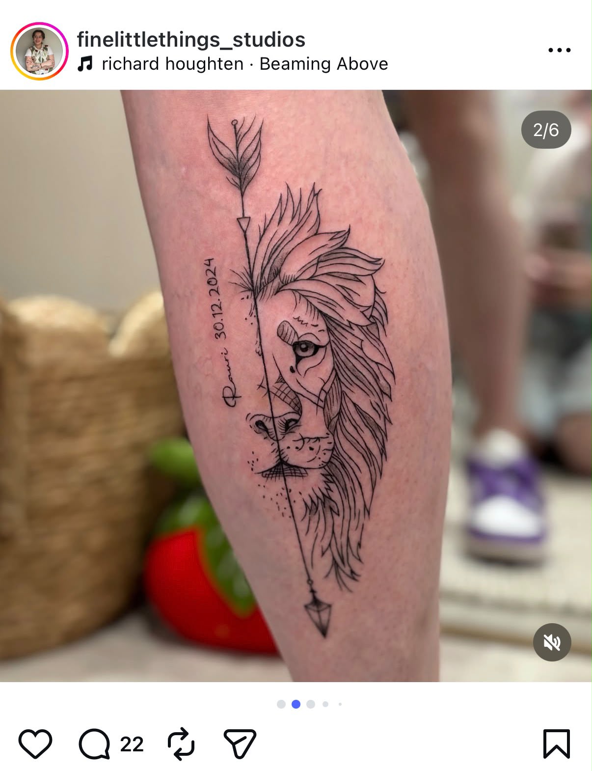 Instagram post by @finelittlethings_studios: a fine line lion and arrow calf piece