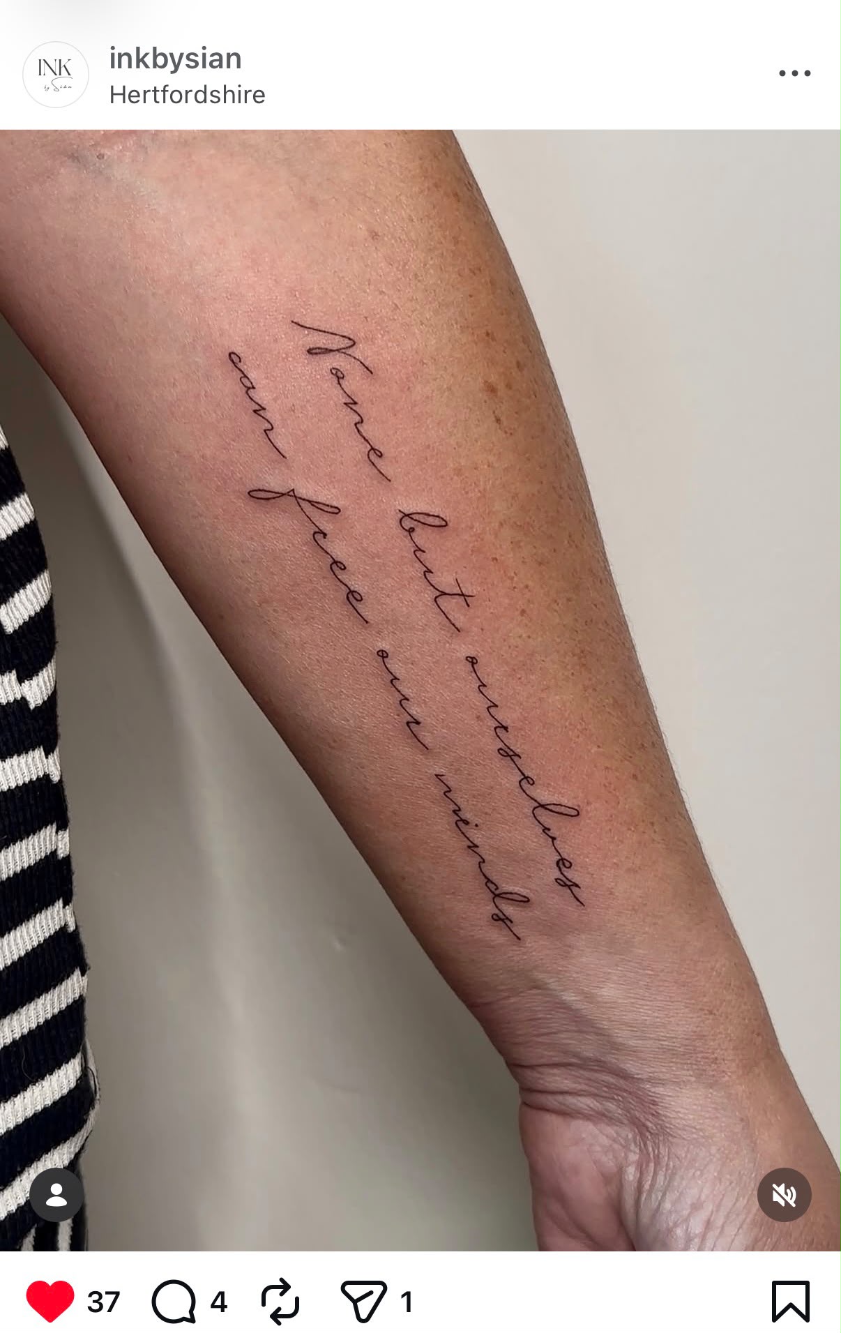 Instagram post by @inkbysian: fine line script lettering along the forearm