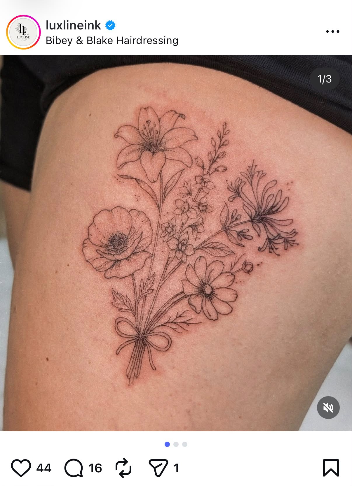 Instagram post by @luxlineink: a fine line flower bouquet on the thigh