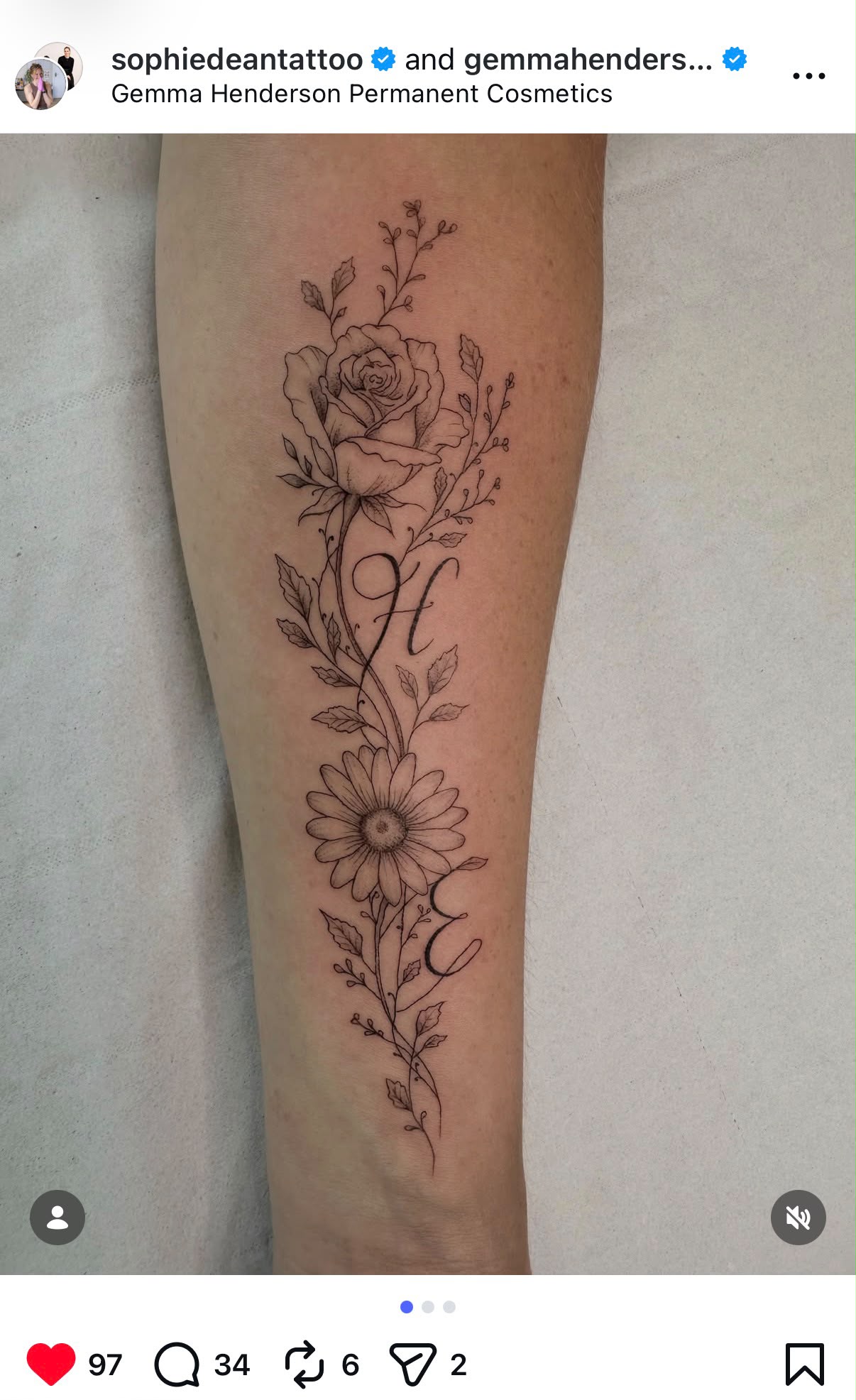 Instagram post by @sophiedeantattoo: a fine line rose and daisy piece down the forearm