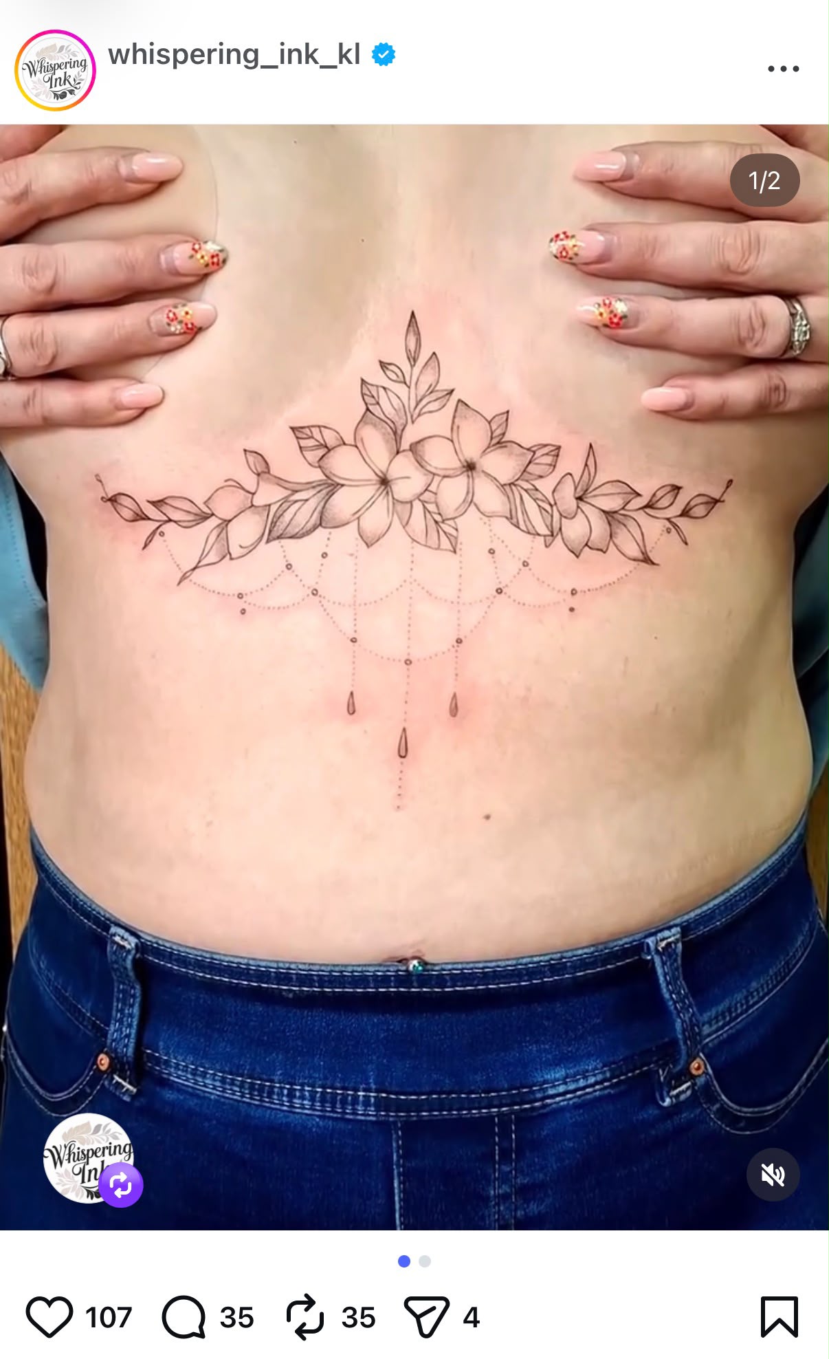 Instagram post by @whispering_ink_kl: a fine line floral chest piece with chandelier detail