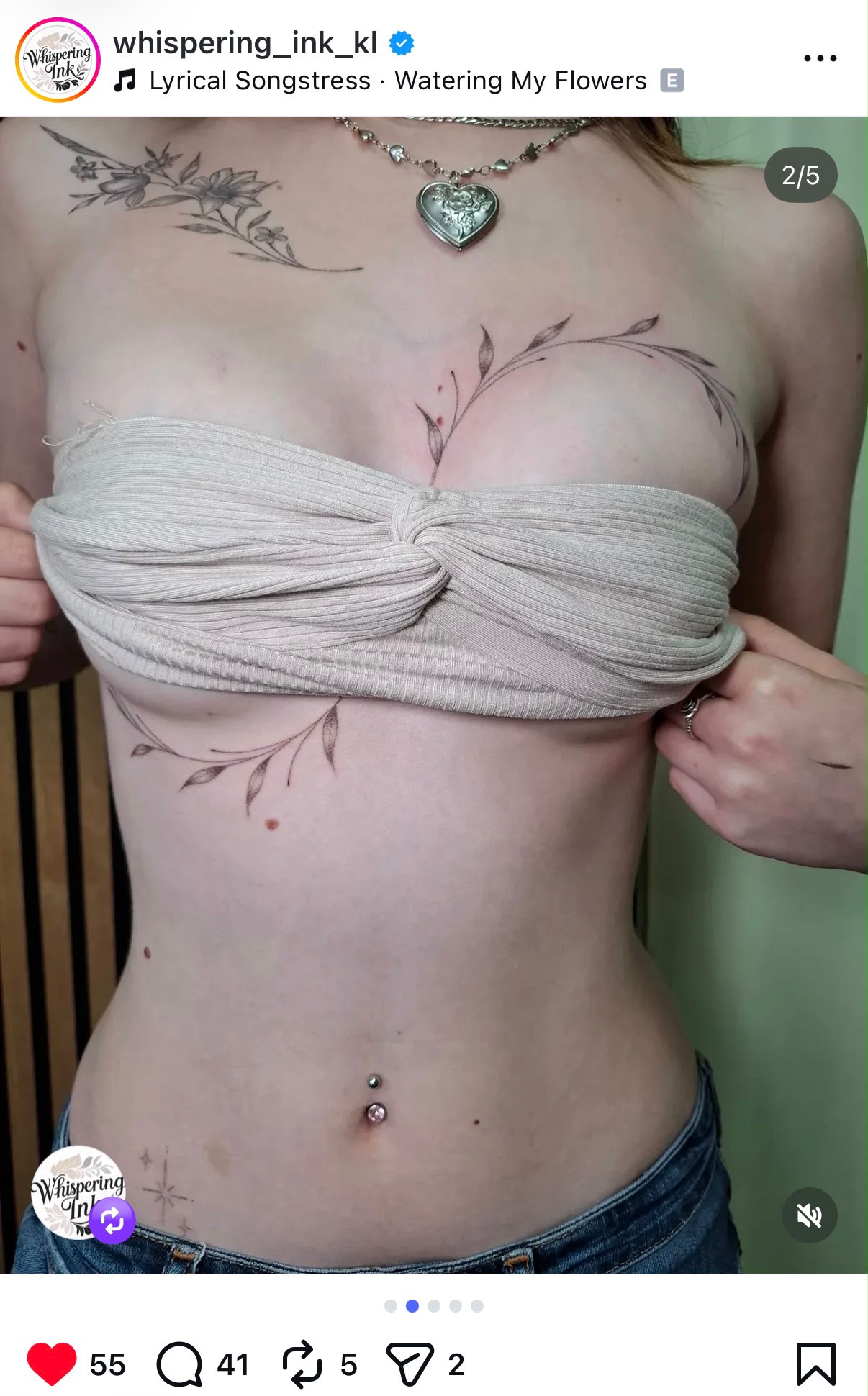 Instagram post by @whispering_ink_kl: a fine line vine piece across the sternum