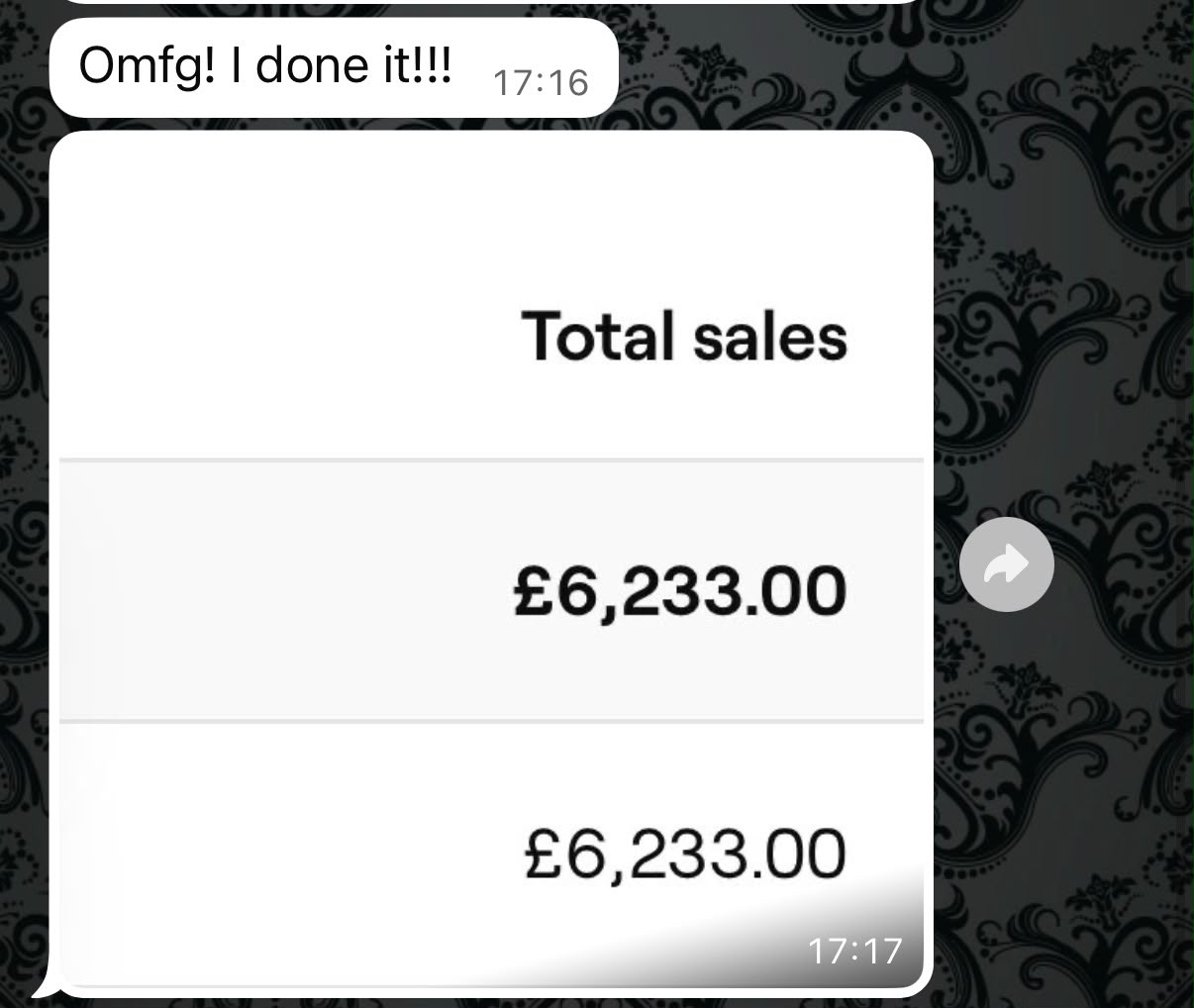 A Studio Success member's message to Kayleigh: Omfg! I done it!!! with a screenshot showing Total sales of £6,233.00.